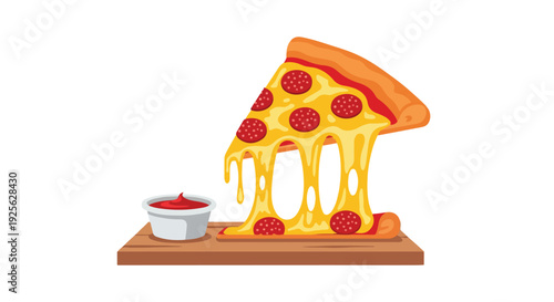 Illustration of a melting pepperoni pizza slice on a wooden board with dipping sauce.