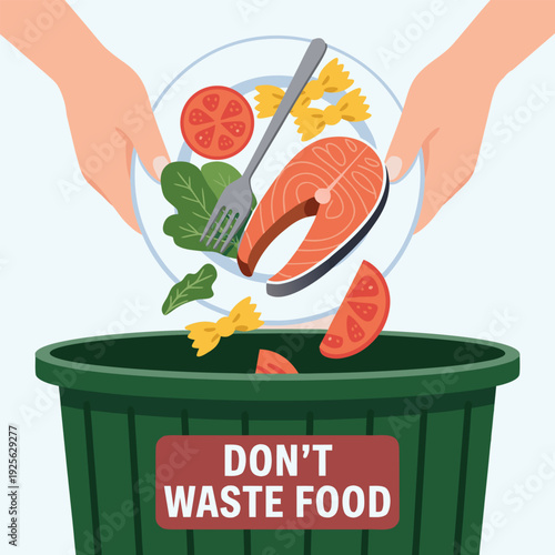 Dont waste food poster. Hands throwing away food from plate into garbage bin. International Day of Awareness of Food Loss and Waste, leftover disposal, recycling concept banner vector illustration