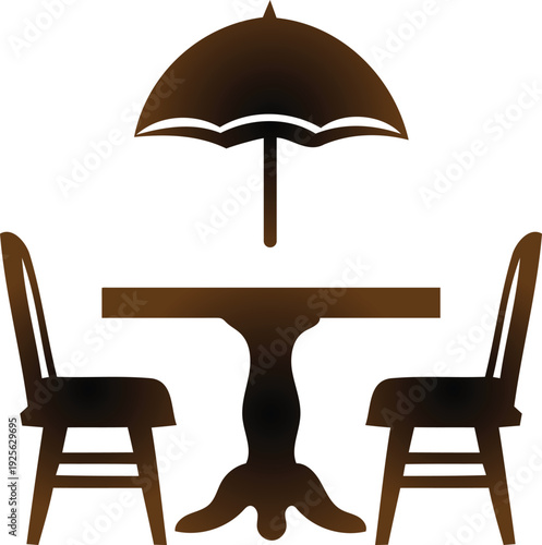 Brown silhouette of outdoor table with two chairs and umbrella on transparent background for design and decoration purposes