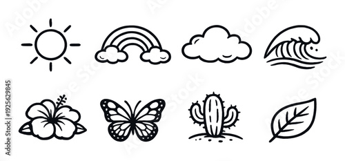 Nature and weather icons arranged in rows on dark background