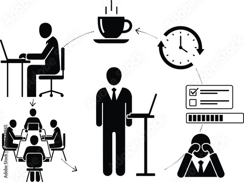 Business workflow process silhouette illustration showing productivity management teamwork time planning task organization professional office efficiency concept