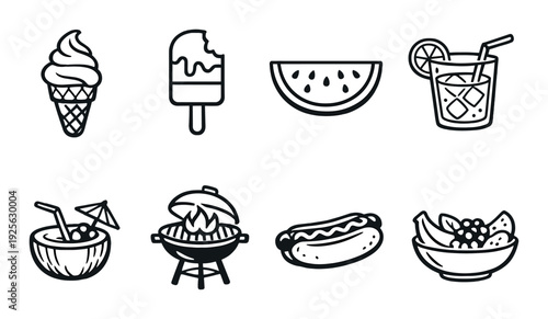 Food and drink icons arranged in grid on dark background