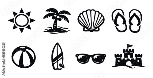 Beach and summer icons showing leisure items on gray background