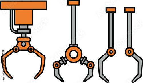 Industrial Robotic Claw and Hydraulic Crane Arm Vector Illustration Set for Manufacturing Engineering and Automation Technology