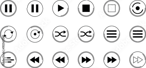 Media Control Icon Set with Play Pause Stop and Navigation Buttons for Audio Video Players, Music Apps, Streaming Interfaces, and UI Vector Design Systems