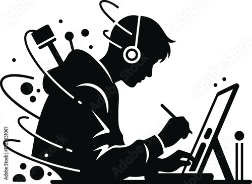 Creative designer working on digital tablet silhouette illustration showing graphic artist using technology for design creation modern workspace concept