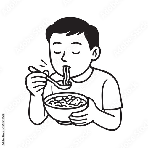 man eating ramen noodles on white background 