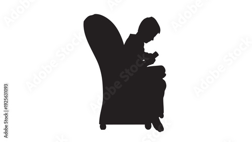 Silhouette person sitting in armchair reading book, black isolated figure on white background, quiet indoor scene with thoughtful mood, minimal design