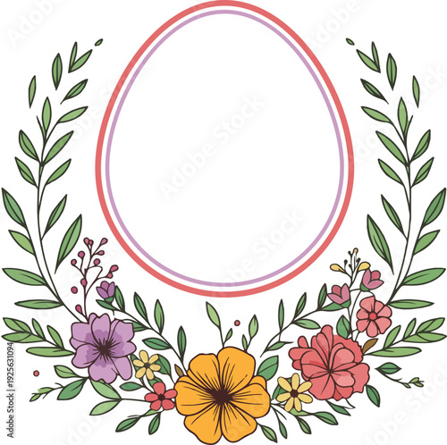 Oval floral frame with leaves and flowers decorative botanical wreath border illustration