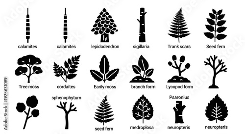 Collection of Various Black Silhouette Plant Icons.