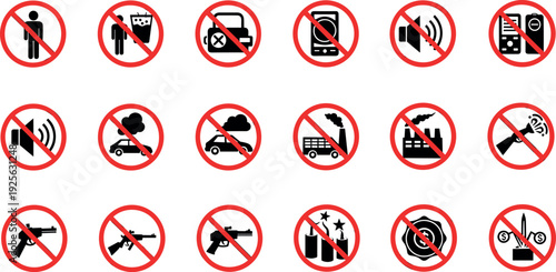 Red Prohibition Icon Set with Forbidden Activities and Restricted Behavior Symbols for Public Safety Signs, Rules, Regulations, and Warning Vector Graphics
