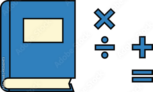 Mathematics Textbook Vector Illustration Set with Blue Hardcover Book and Basic Math Symbols for Education and Learning Concept