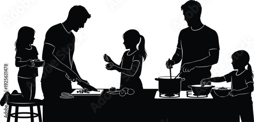 Family cooking together in kitchen silhouette illustration showing parents and children preparing meal home lifestyle bonding activity concept