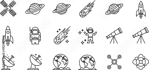 Space and Astronomy Line Icon Set with Rockets, Planets, Satellites, Astronauts, and Scientific Exploration Symbols for Education and Technology Vector Design