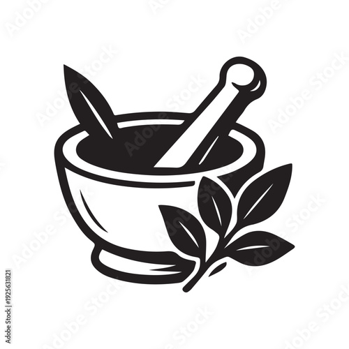 mortar and pestle with herbs on white background  