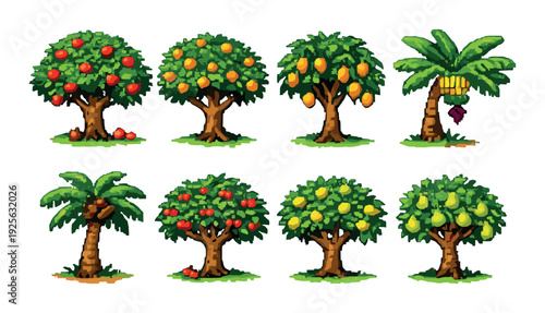 Rows of fruit trees and palm trees arranged on green field