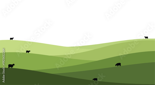 Serene landscape of rolling green hills with grazing cows in various shades of green against a white background