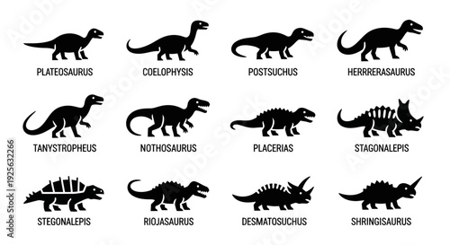 Dinosaur Silhouettes with Scientific Names Listed.