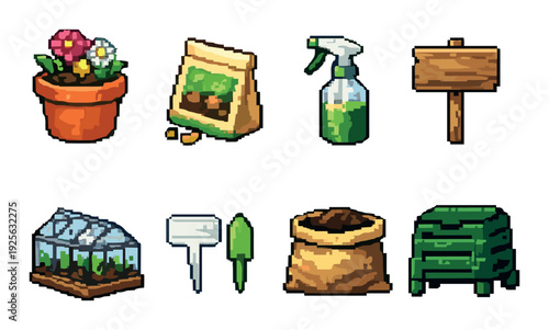 Gardening supply icons arranged in grid on neutral background