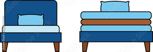 Modern Blue Bed Vector Illustration Set with Comfortable Mattress Pillow and Stacked Blankets for Bedroom Interior and Sleep Concept