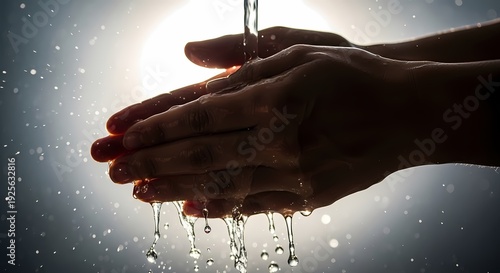 Hands under running water with droplets falling.