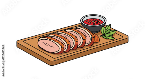 Illustration of sliced meat on a wooden cutting board with a bowl of sauce and a leafy garnish on a white background.