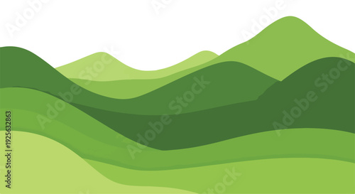 Illustration of layered green hills and mountains with varying shades against a white background.