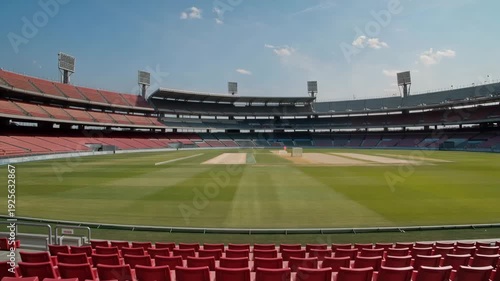 Empty Cricket Stadium with Green Pitch in Daylight
