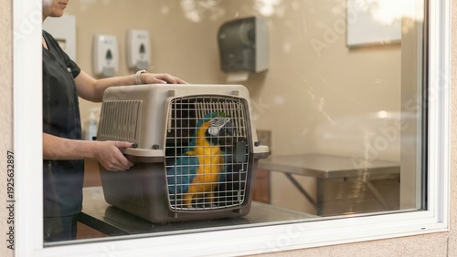 Veterinarian placing a blue and yellow macaw in a pet carrier in a veterinary clinic, exotic animal care, avian health, veterinary service, pet safety.