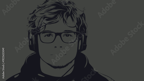 Focused Man with Glasses and Headphones Listening to Music on Dark Grey Background