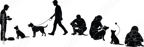 People interacting with dogs silhouette illustration showing pet care training walking feeding grooming companionship domestic animal lifestyle concept