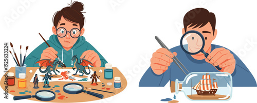 Creative Hobby Miniature Painting and Model Ship Crafting with Magnifying Glass Detailed Vector Illustration Set