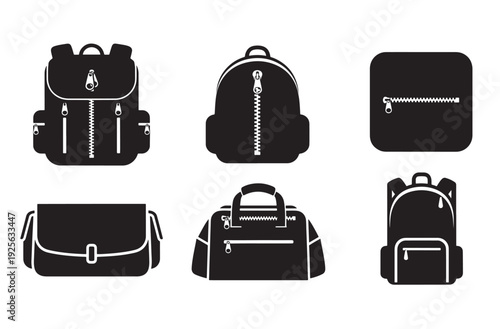 ssortment of black silhouette backpacks and bags on transparent background, travel bags, school backpacks, duffel bags, messenger bags, luggage accessories, carrying gear collection, casual and sport