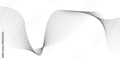Minimal dots particles wave pattern 3D curve halftone black gradient curve shape isolated on white background.