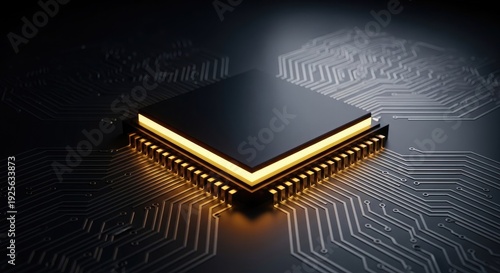 Close up of a computer chip with glowing edges on a circuit board background