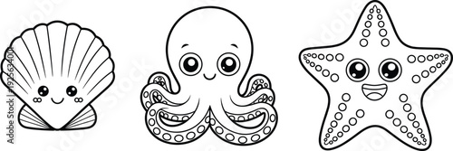 Cute sea animals shell octopus and starfish, black and white cartoon coloring page illustration for kids