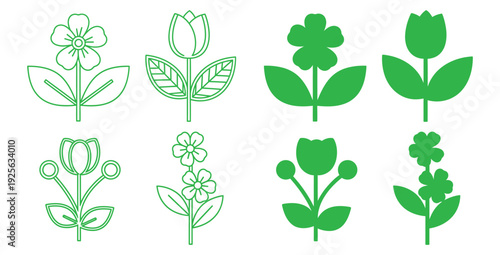 Collection of eight stylized green floral icons showing various botanical designs for nature and spring themes