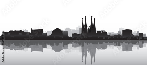Black and white panoramic poster of the city skyline with misty background buildings and water reflection of BARCELONA, SPAIN