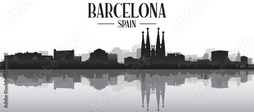 Black and white panoramic poster of the city skyline with misty background buildings and water reflection of BARCELONA, SPAIN