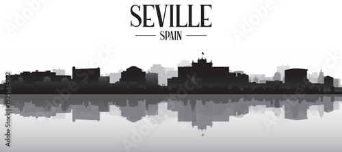 Black and white panoramic poster of the city skyline with misty background buildings and water reflection of SEVILLE, SPAIN