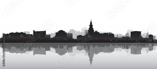 Black and white panoramic poster of the city skyline with misty background buildings and water reflection of AMSTERDAM, NETHERLANDS
