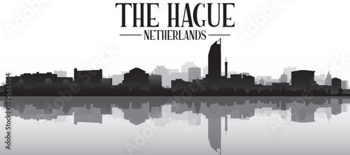 Black and white panoramic poster of the city skyline with misty background buildings and water reflection of THE HAGUE, NETHERLANDS