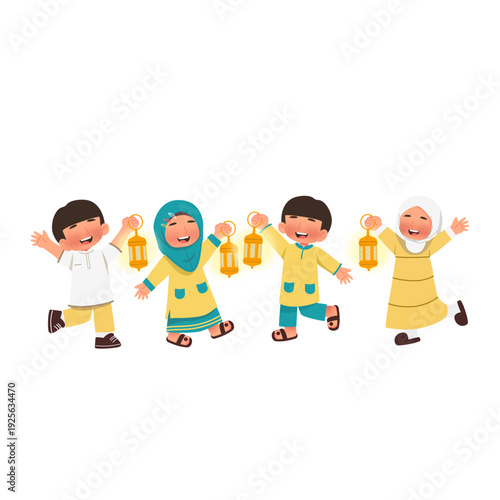 Diverse children celebrating with lanterns in hand happily together