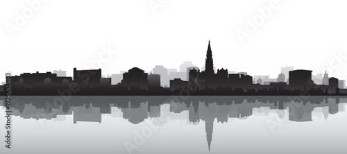Black and white panoramic poster of the city skyline with misty background buildings and water reflection of BRUSSELS, BELGIUM