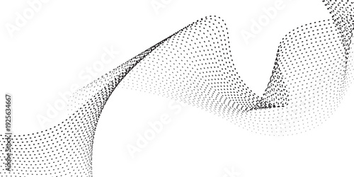 Minimal dots particles wave pattern 3D curve halftone black gradient curve shape isolated on white background.
