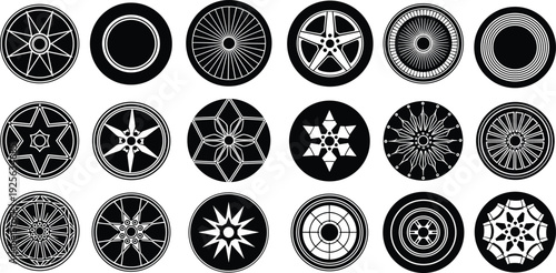 Abstract geometric circular patterns set, black and white radial mandala ornaments collection, decorative round shapes, symmetry design elements for backgrounds