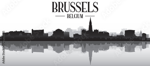 Black and white panoramic poster of the city skyline with misty background buildings and water reflection of BRUSSELS, BELGIUM