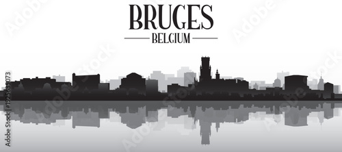 Black and white panoramic poster of the city skyline with misty background buildings and water reflection of BRUGES, BELGIUM