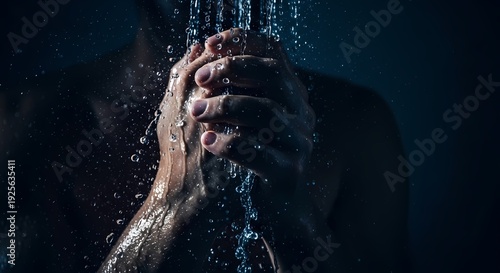 Man washing hands under running water with soap suds.