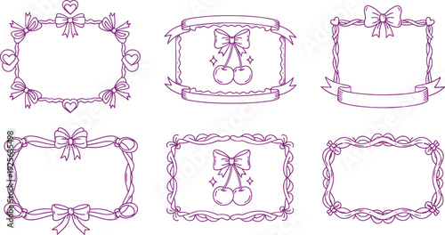 Collection of six cute purple hand drawn decorative frames featuring bows ribbons hearts and sweet cherry illustrations perfect for journaling or invitations